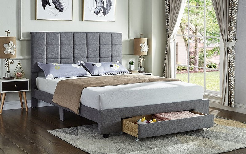 Platform Bed with Fabric and and Storage Drawer - Grey