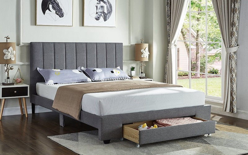 Platform Bed with Fabric and Storage Drawer - Grey