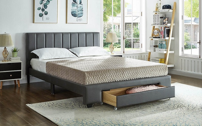 Platform Bed with Bonded Leather and Storage Drawer - Grey