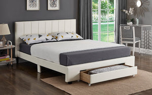 Platform Bed with Bonded Leather and Storage Drawer - White