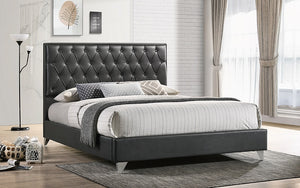 Platform Bed with Bonded Leather and Chrome Legs - Dark Grey