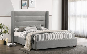 Platform Bed with Linen Fabric Wing and Dark Legs - Grey