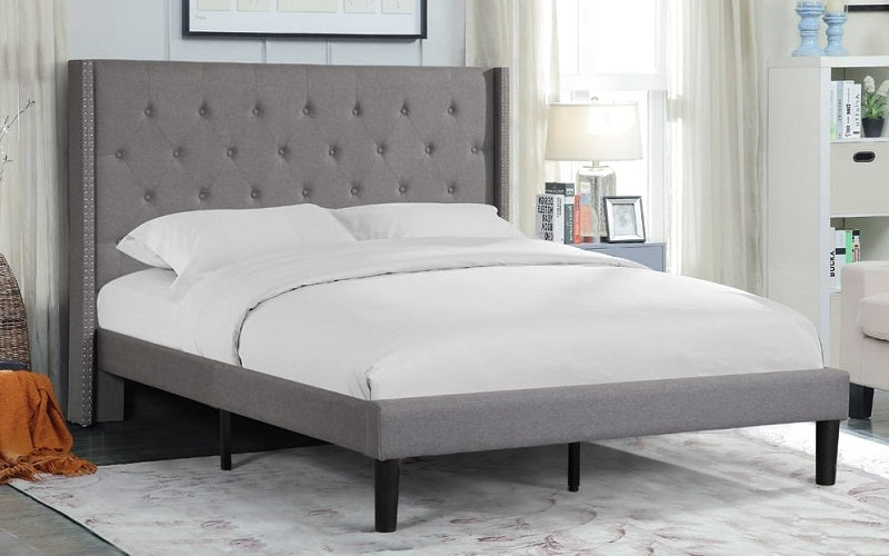 Platform Bed with Button Tufted Linen Fabric - Beige | Grey