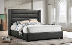 Platform Bed with Leather Wing and Dark Legs - Dark Grey