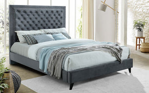 Platform Bed with Velvet Fabric Tufted and Dark Legs - Dark Grey