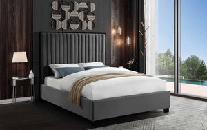 Platform Bed with Velvet Fabric Metal Trim and Dark Legs - Grey