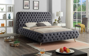 Platform Bed with Velvet Fabric Deep Tufted and Chrome Legs - Grey