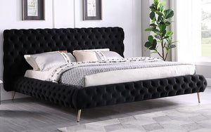 Platform Bed with Velvet Fabric Deep Tufted and Chrome Legs - Black