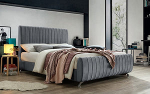 Platform Bed with Velvet Fabric and Chrome Legs - Grey