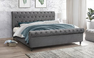 Platform Sleigh Bed with Velvet Fabric - Grey