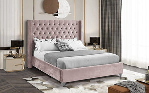 Platform Bed with Velvet Fabric Wing and Chrome Legs - Pink
