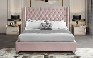 Platform Bed with Velvet Fabric Wing and Chrome Legs - Pink