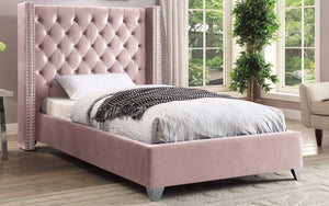 Platform Bed with Velvet Fabric Wing and Chrome Legs - Pink