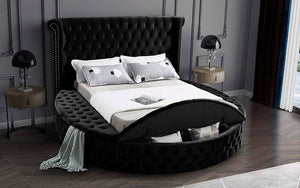 Platform Bed Round Design with Velvet Fabric and Storage Benches - Grey | Black