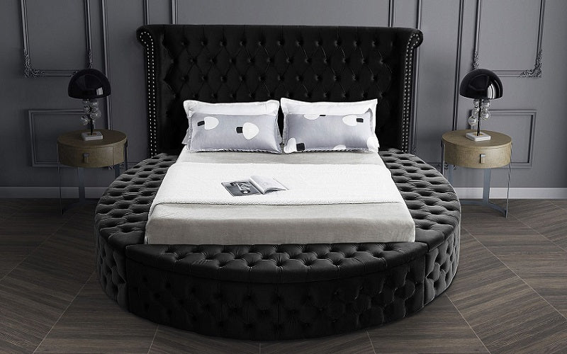 Platform Bed Round Design with Velvet Fabric and Storage Benches - Grey | Black