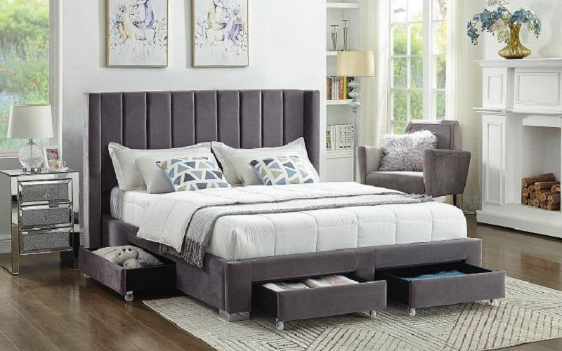 Platform Bed with Button-Tufted Fabric and 4 Drawers - Grey