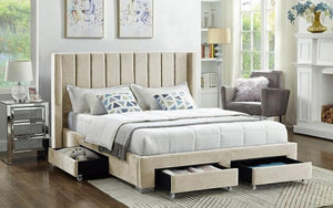 Platform Bed with Button-Tufted Velvet Fabric and 4 Drawers - Cream