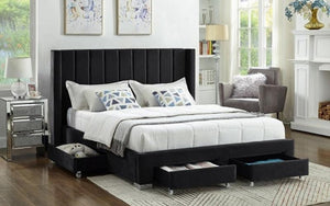 Platform Bed with Button-Tufted Velvet Fabric and 4 Drawers - Black