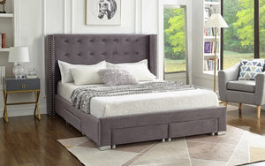 Platform Bed with Button-Tufted Velvet Fabric and 4 Drawers - Grey