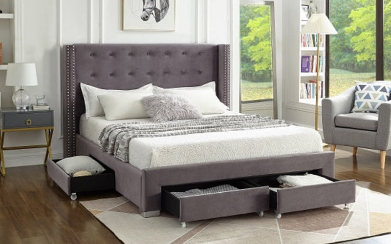 Platform Bed with Button-Tufted Velvet Fabric and 4 Drawers - Grey