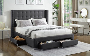 Platform Bed with Button-Tufted Fabric Wing and 4 Drawers - Charcoal Grey