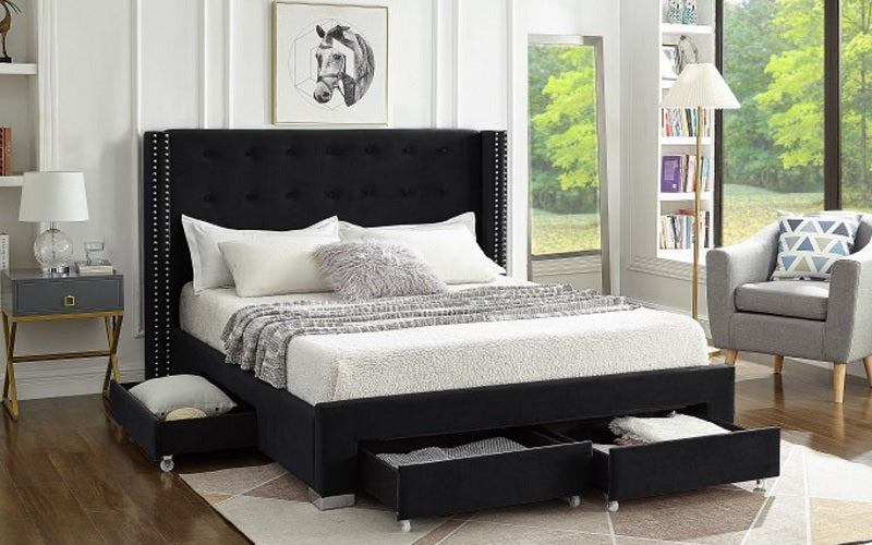 Platform Bed with Button-Tufted Velvet Fabric Wing and 4 Drawers - Black