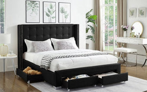 Platform Bed with Button-Tufted Fabric Wing and 4 Drawers - Black