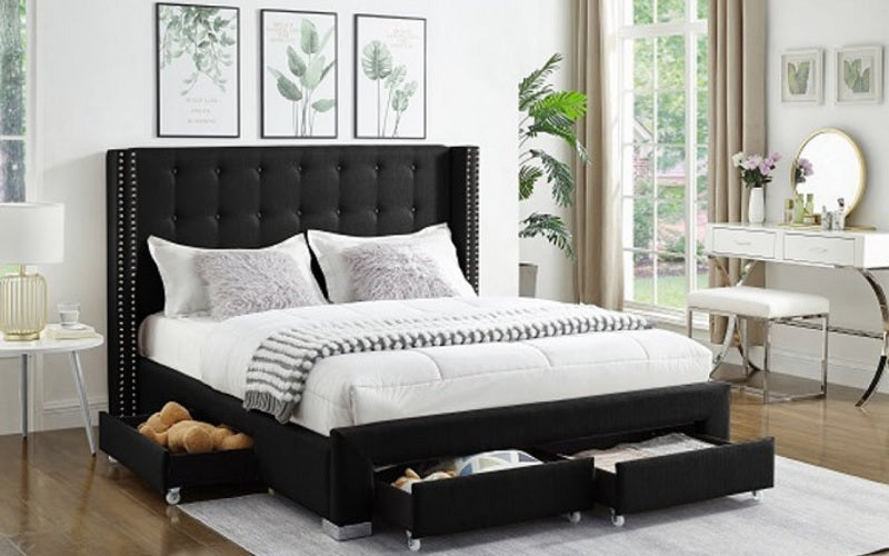 Platform Bed with Button-Tufted Fabric Wing and 4 Drawers - Black
