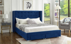 Platform Bed with Button-Tufted Velvet Fabric Wing and 4 Drawers - Blue