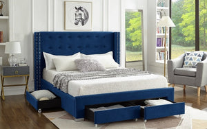 Platform Bed with Button-Tufted Velvet Fabric Wing and 4 Drawers - Blue