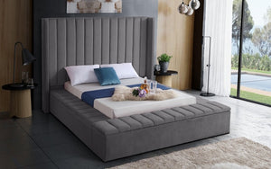Platform Bed with Velvet Fabric and Storage Benches - Grey