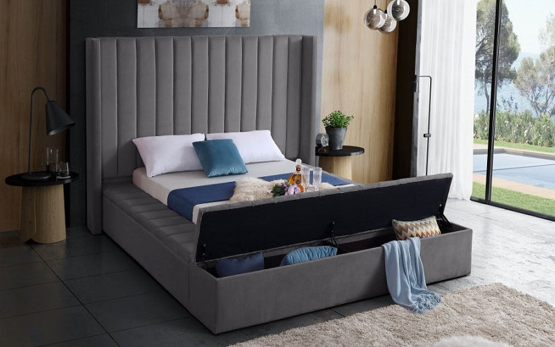 Platform Bed with Velvet Fabric and Storage Benches - Grey