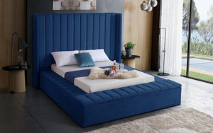 Platform Bed with Velvet Fabric and Storage Benches - Blue