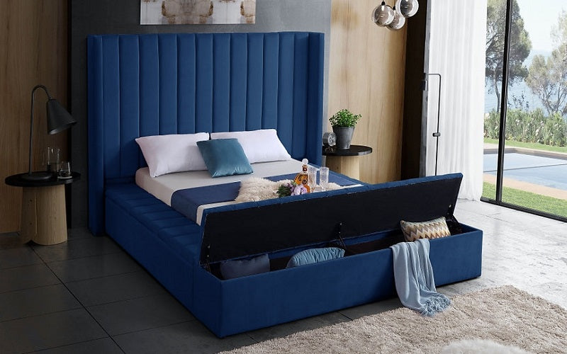 Platform Bed with Velvet Fabric and Storage Benches - Blue