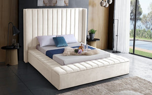 Platform Bed with Velvet Fabric and Storage Benches - Beige