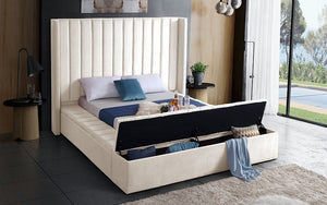 Platform Bed with Velvet Fabric and Storage Benches - Beige