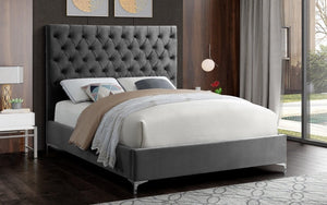 Platform Bed with Velvet Fabric and Gold & Chrome Legs - Grey