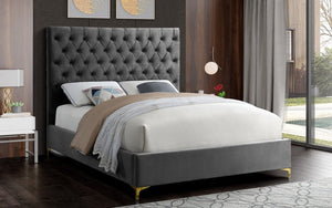 Platform Bed with Velvet Fabric and Gold & Chrome Legs - Grey