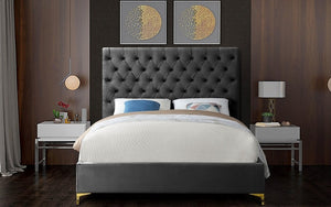 Platform Bed with Velvet Fabric and Gold & Chrome Legs - Grey