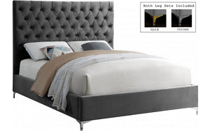 Platform Bed with Velvet Fabric and Gold & Chrome Legs - Grey