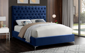 Platform Bed with Velvet Fabric and Gold & Chrome Legs - Blue
