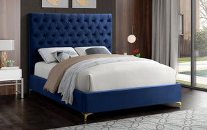 Platform Bed with Velvet Fabric and Gold & Chrome Legs - Blue