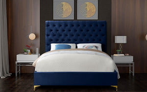 Platform Bed with Velvet Fabric and Gold & Chrome Legs - Blue