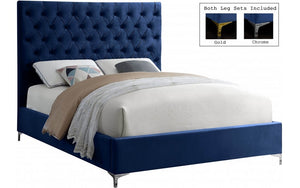 Platform Bed with Velvet Fabric and Gold & Chrome Legs - Blue