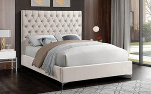 Platform Bed with Velvet Fabric and Gold & Chrome Legs - Beige