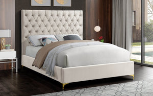Platform Bed with Velvet Fabric and Gold & Chrome Legs - Beige