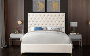 Platform Bed with Velvet Fabric and Gold & Chrome Legs - Beige