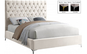 Platform Bed with Velvet Fabric and Gold & Chrome Legs - Beige