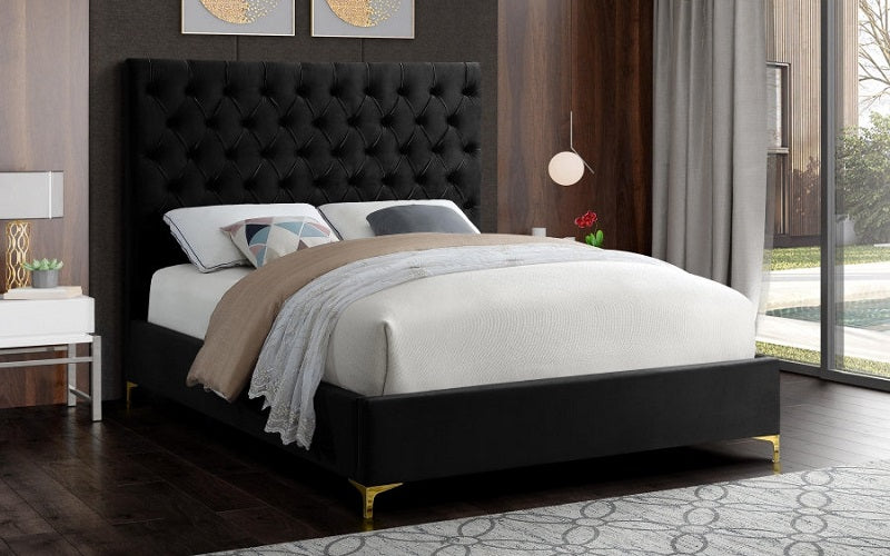 Platform Bed with Velvet Fabric and Gold & Chrome Legs - Black