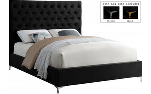 Platform Bed with Velvet Fabric and Gold & Chrome Legs - Black